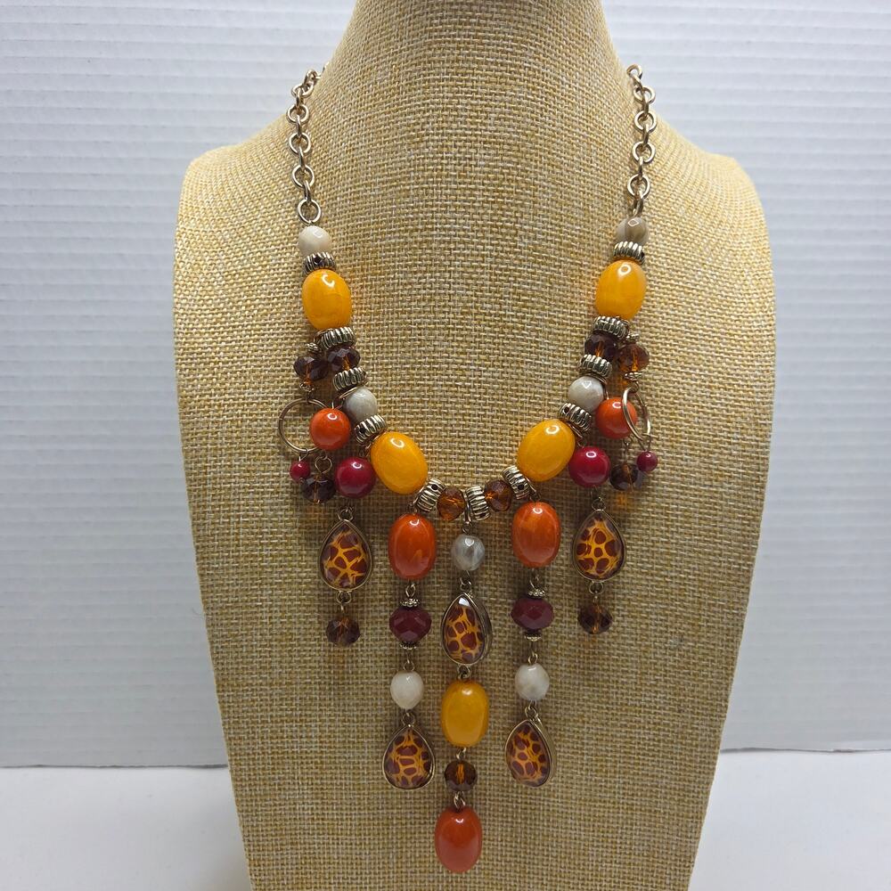 Vintage 2007 Erica Lyons Gold Tone Fall Tones Beaded Statement Necklace Jewelry